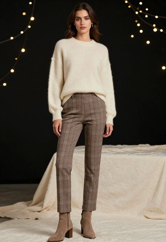 15 Winter Birthday Outfit Ideas For Women With Cozy Glam - 8. Knit Sweater + Plaid Pants + Heeled Booties 1