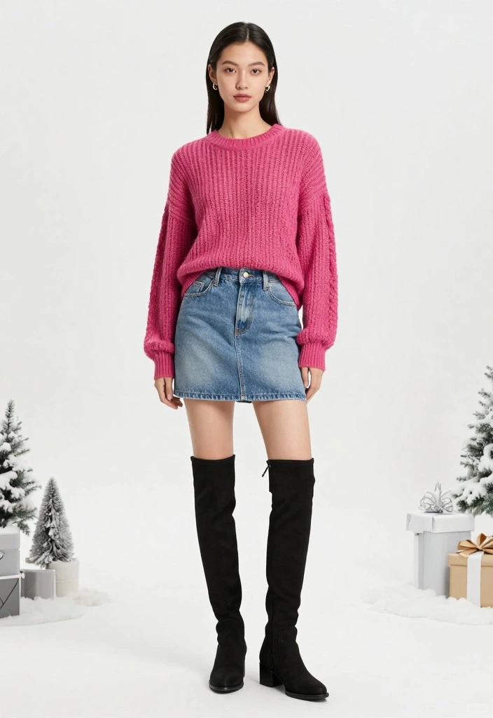 15 Winter Birthday Outfit Ideas For Women With Cozy Glam - 9. Chunky Knit + Denim Skirt + OTK Boots 1