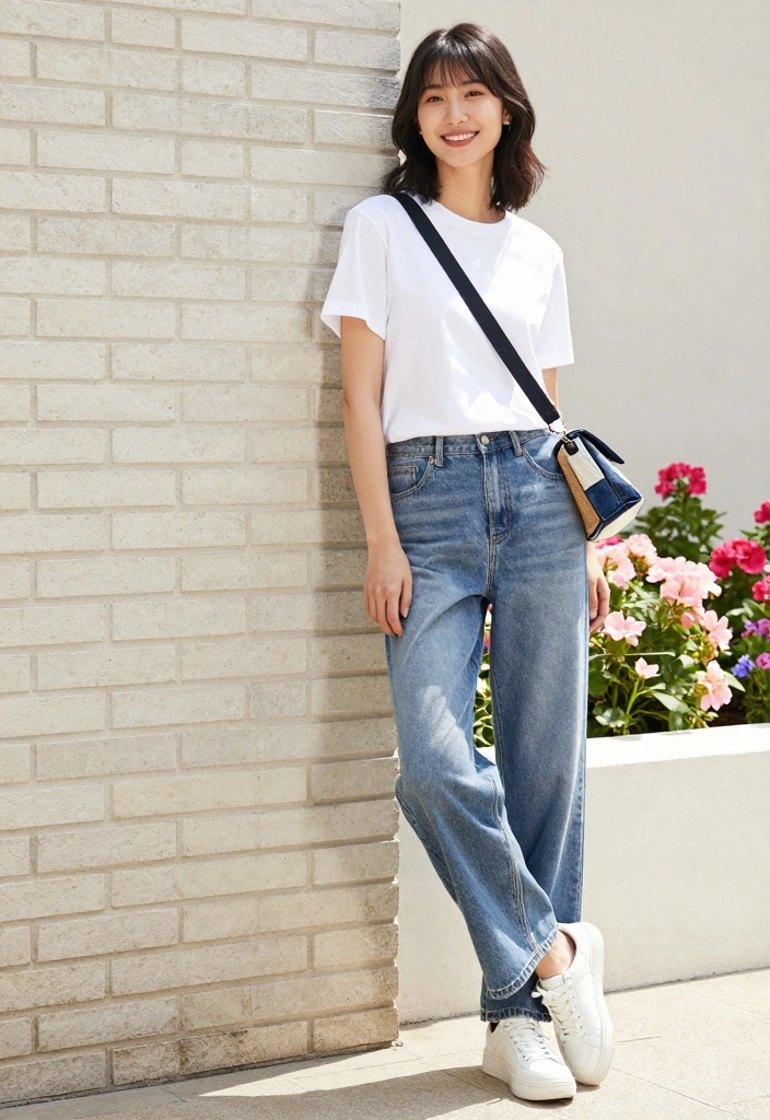16 Baggy Blue Jeans Outfit Ideas For Women With Effortless Cool - 1. Classic White Tee and Sneakers 1