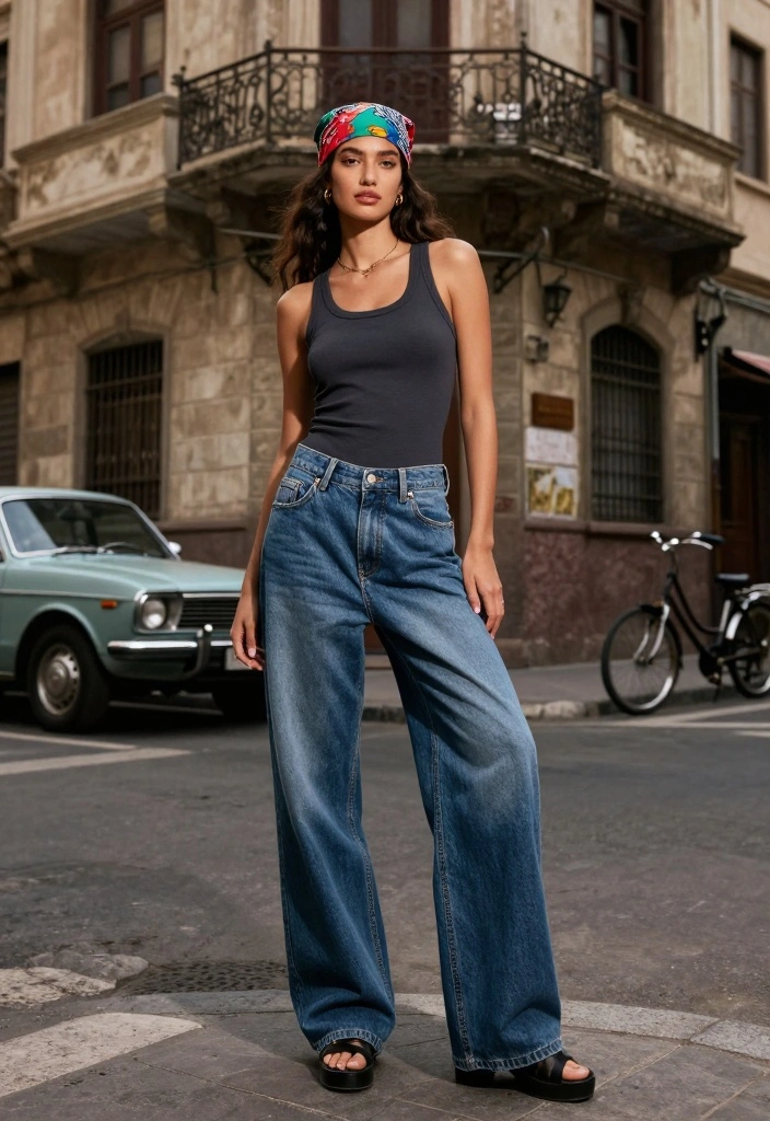16 Baggy Blue Jeans Outfit Ideas For Women With Effortless Cool - 12. Vintage Vibes with a Bandana 1