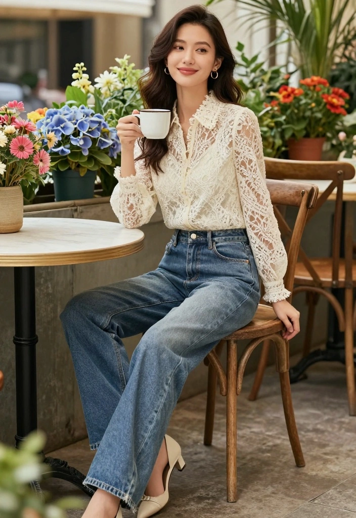 16 Baggy Blue Jeans Outfit Ideas For Women With Effortless Cool - 14. Romantic Lace Blouse 1