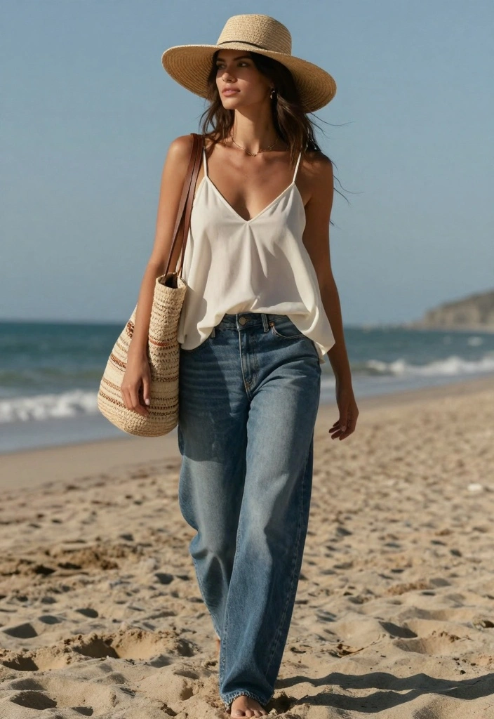 16 Baggy Blue Jeans Outfit Ideas For Women With Effortless Cool - 16. Beachy Vibes with a Flowy Top 1
