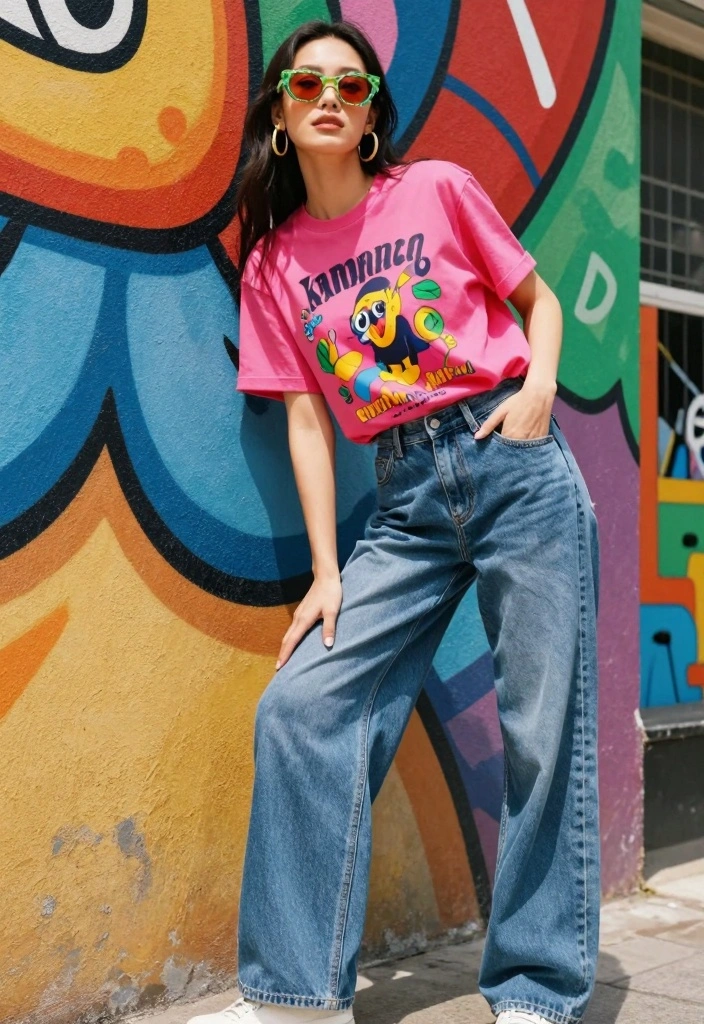 16 Baggy Blue Jeans Outfit Ideas For Women With Effortless Cool - 4. Graphic Tee and Bold Accessories 1