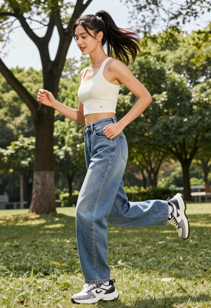 16 Baggy Blue Jeans Outfit Ideas For Women With Effortless Cool - 6. Athleisure Vibes with a Crop Top 1