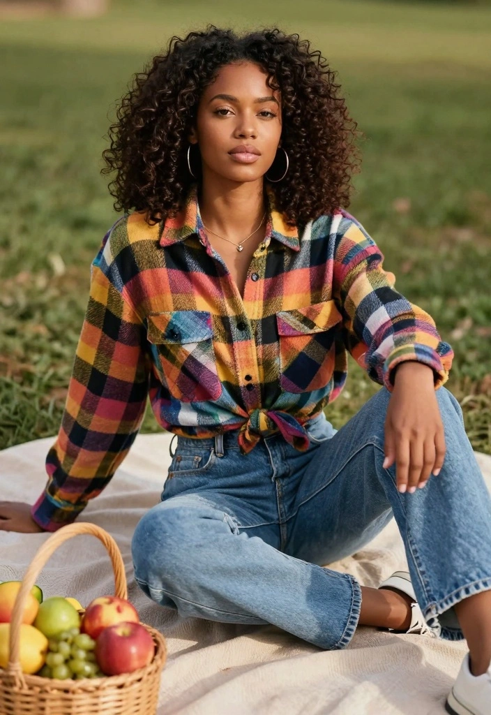 16 Baggy Blue Jeans Outfit Ideas For Women With Effortless Cool - 8. Flannel Shirt for a Relaxed Vibe 1