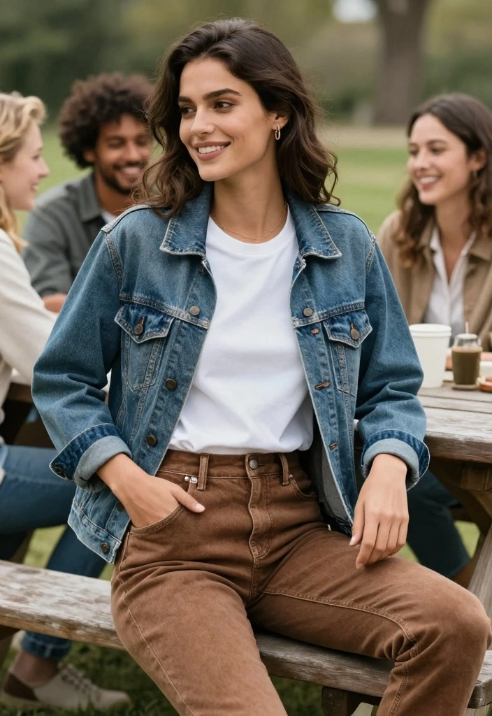 16 Brown Pants Outfit Aesthetic Ideas For Women - 15. Iconic Denim and Brown 1