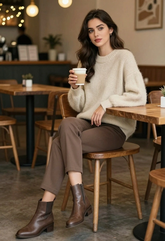 16 Brown Pants Outfit Ideas For Women With Neutral Style - 1. Cozy Knit and Brown Pants 1