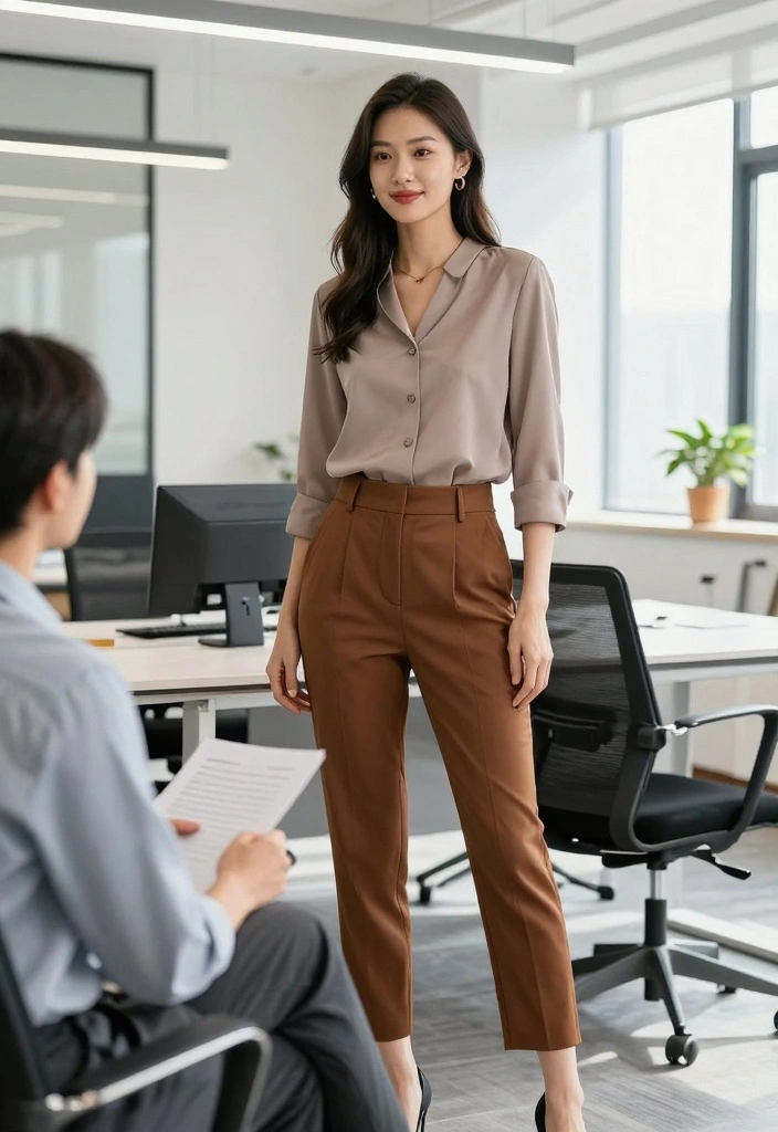 16 Brown Pants Outfit Ideas For Women With Neutral Style - 10. Business Casual with Brown Slacks 1