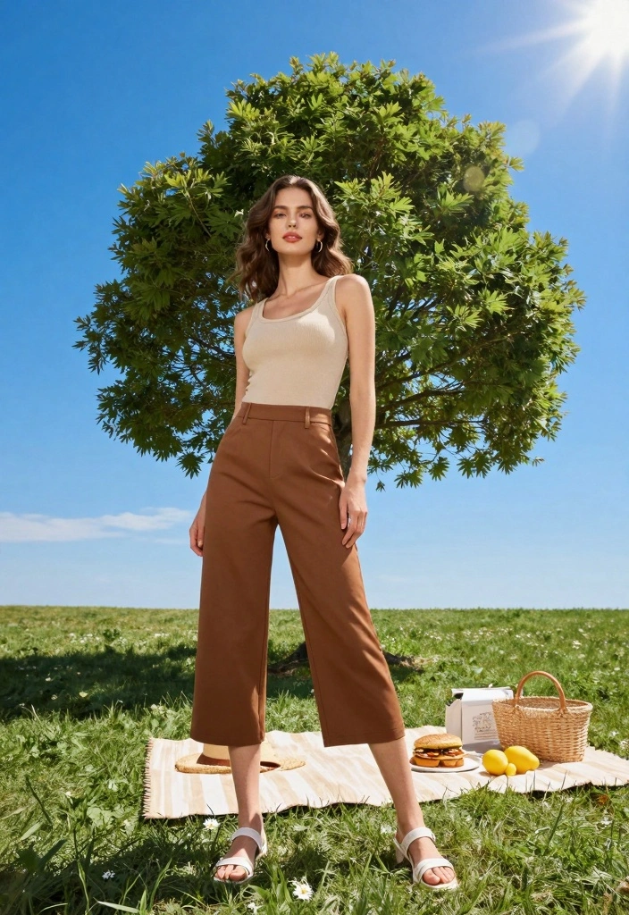 16 Brown Pants Outfit Ideas For Women With Neutral Style - 11. Summer Vibes with Brown Culottes 1
