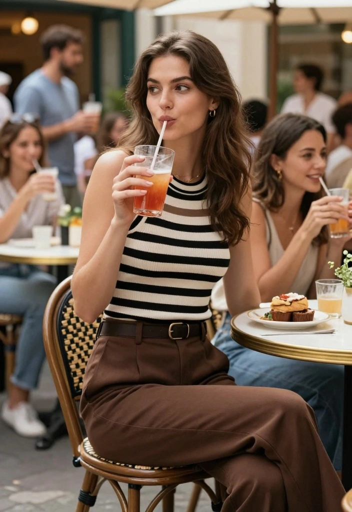 16 Brown Pants Outfit Ideas For Women With Neutral Style - 14. Fun with Patterns: Striped Tops and Brown Pants 1