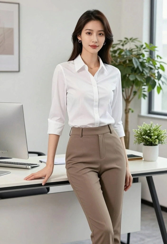 16 Brown Pants Outfit Ideas For Women With Neutral Style - 2. Crisp White Shirt and Brown Trousers 1