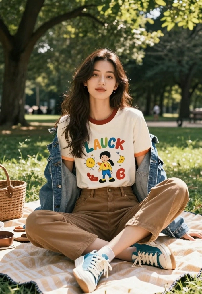 16 Brown Pants Outfit Ideas For Women With Neutral Style - 3. Casual Graphic Tee and Brown Pants 1