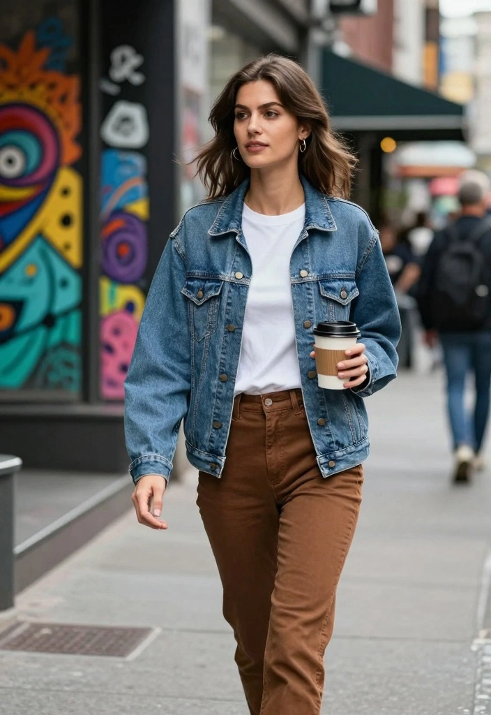 16 Brown Pants Outfit Ideas For Women With Neutral Style - 7. Denim Jacket Over Brown Pants 1