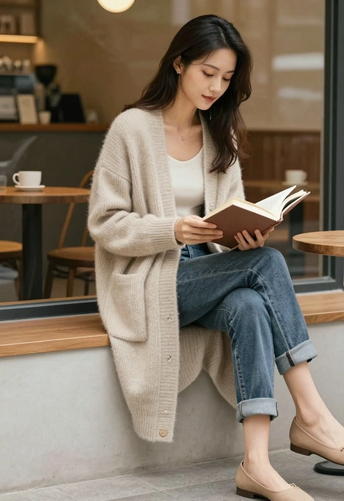 16 Cuffed Jeans Outfit Ideas For Women With Casual Style - 15. Long Cardigan and Cute Flats 1