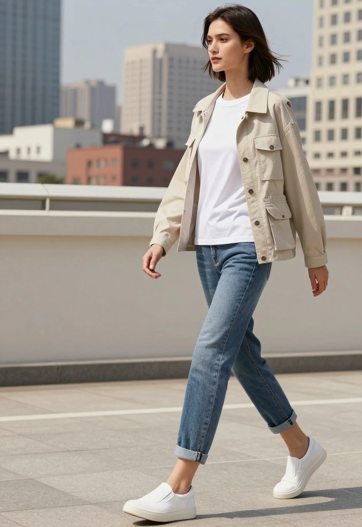 16 Cuffed Jeans Outfit Ideas For Women With Casual Style - 6. Classic White Tee and Utility Jacket 1