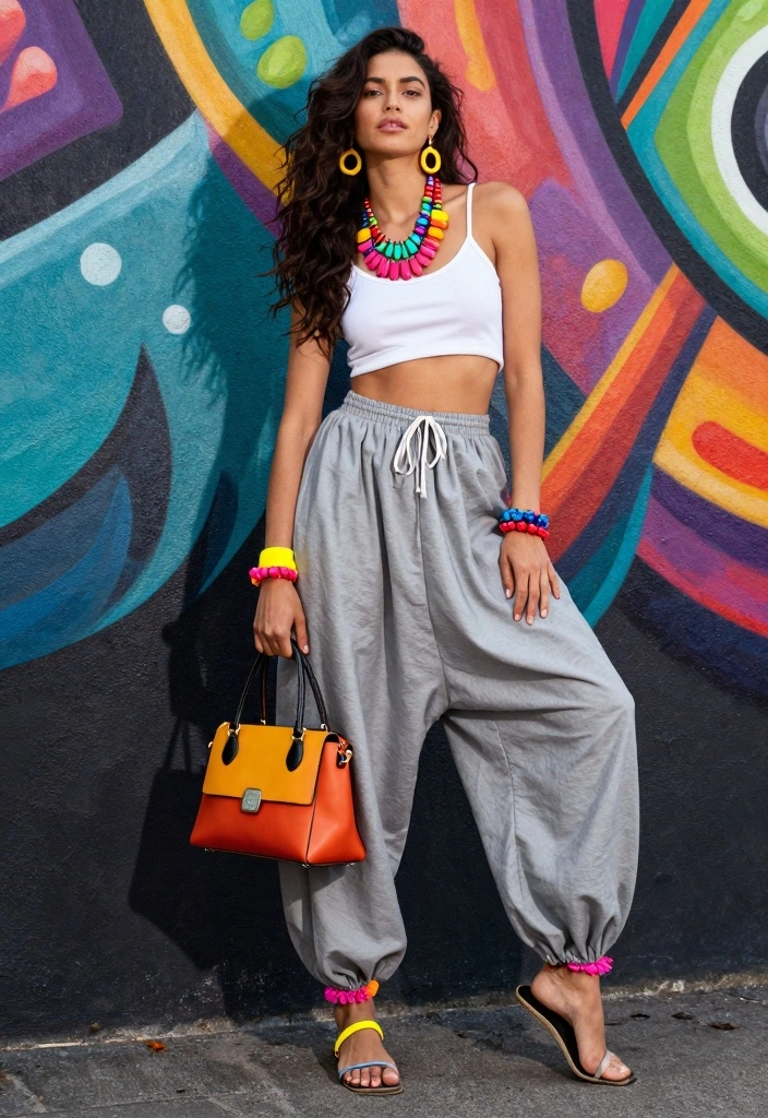 16 Harem Pants Outfit Ideas For Women With Flow - 15. Create Contrast with Bright Accessories 1