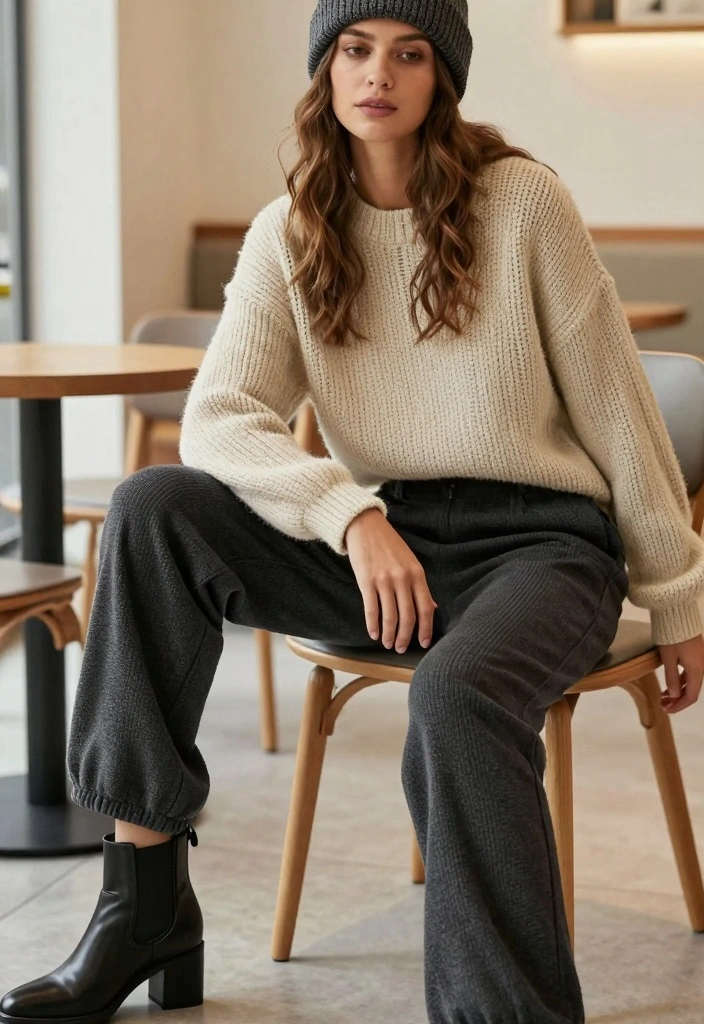 16 Sporty Pants Outfit Ideas For Women With Athletic Feel - 12. Relaxed-fit Pants with a Knitted Sweater 1