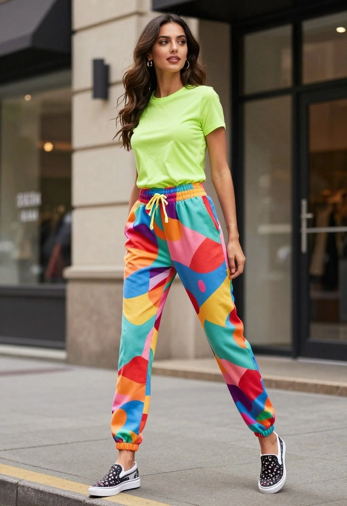 16 Sporty Pants Outfit Ideas For Women With Athletic Feel - 9. Printed Sweatpants with a Statement Top 1