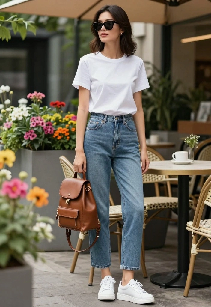 16 Summer Mom Jeans Outfit Ideas For Women - 1. Classic White Tee and Sneakers 1