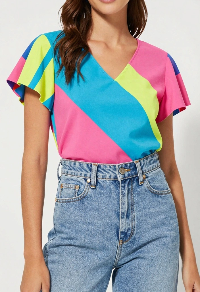 16 Summer Mom Jeans Outfit Ideas For Women - 14. Bright Color-blocked Outfit 1