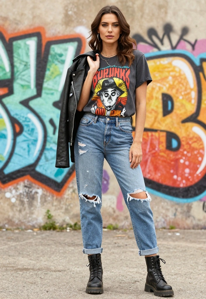16 Summer Mom Jeans Outfit Ideas For Women - 7. Edgy Graphic Tee with Combat Boots 1