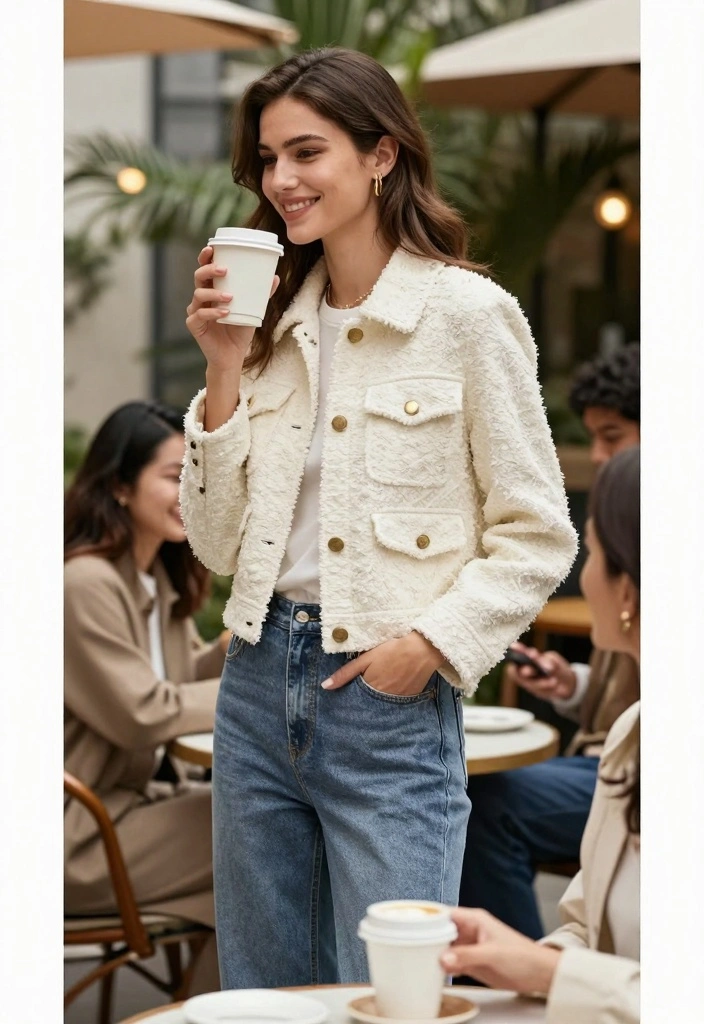 16 White Jacket Outfit Ideas For Women With Clean Look - 12. Textured White Jacket with Denim 1