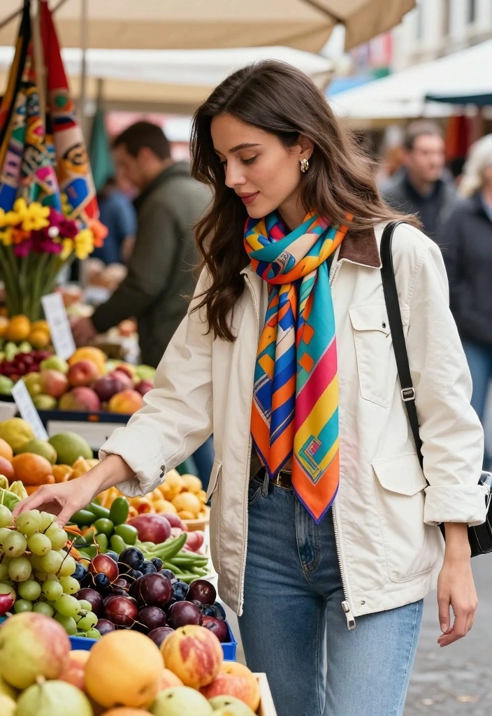 16 White Jacket Outfit Ideas For Women With Clean Look - 13. White Jacket with a Colorful Scarf 1