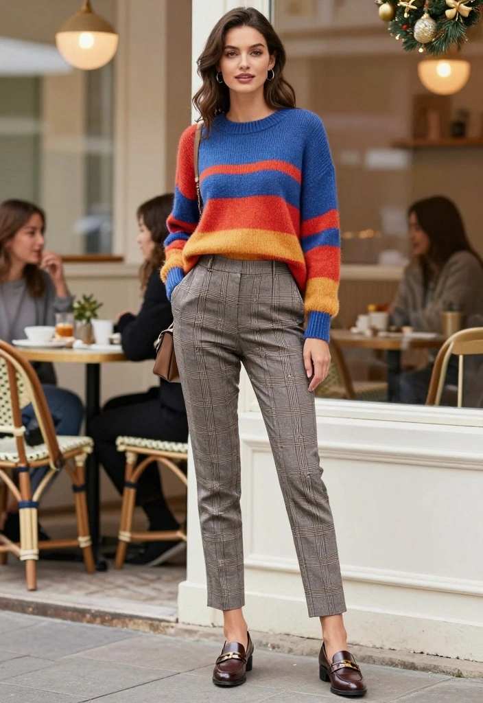 16 Winter Brunch Outfit Ideas For Black Women With Style - 10. Colorful Sweater with Plaid Trousers 1