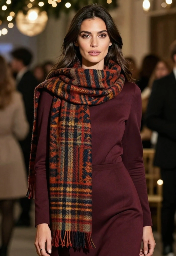 16 Winter Party Outfit Ideas For Women That Feel Warm - 14. Warm Layered Scarf with Basic Dress 1