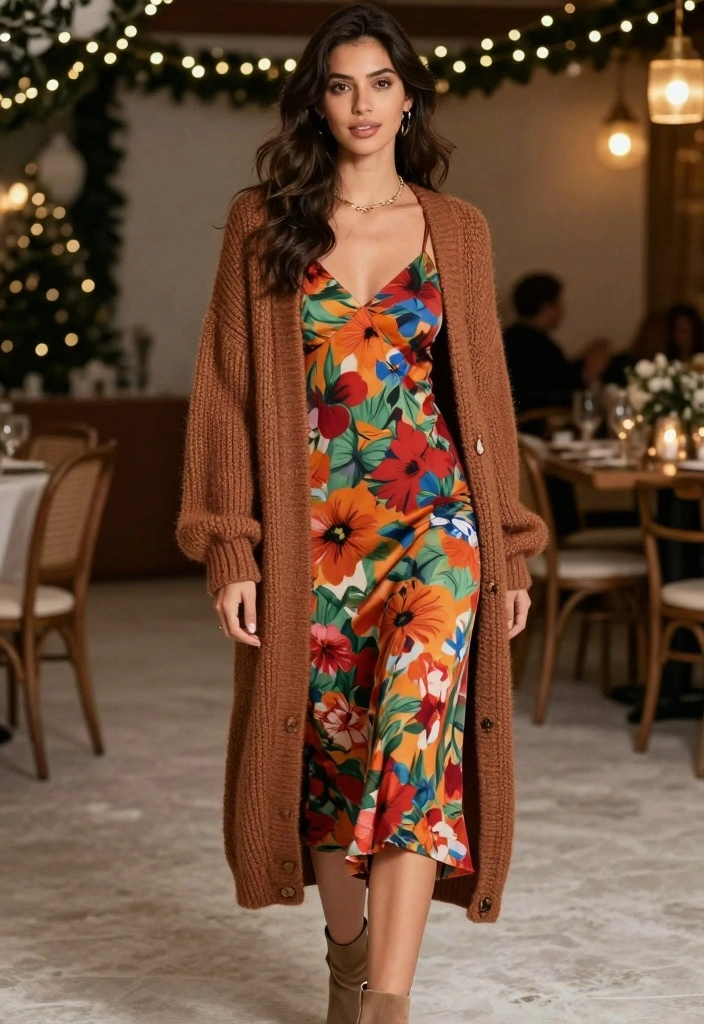 16 Winter Party Outfit Ideas For Women That Feel Warm - 6. Long Cardigan Over a Slip Dress 1