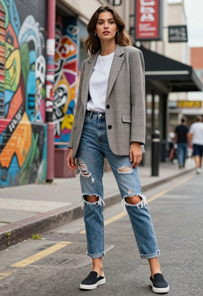 17 Blazer And Jeans Outfit Ideas For Women That Look Polished - 12. Casual Check Blazer with Ripped Jeans 1
