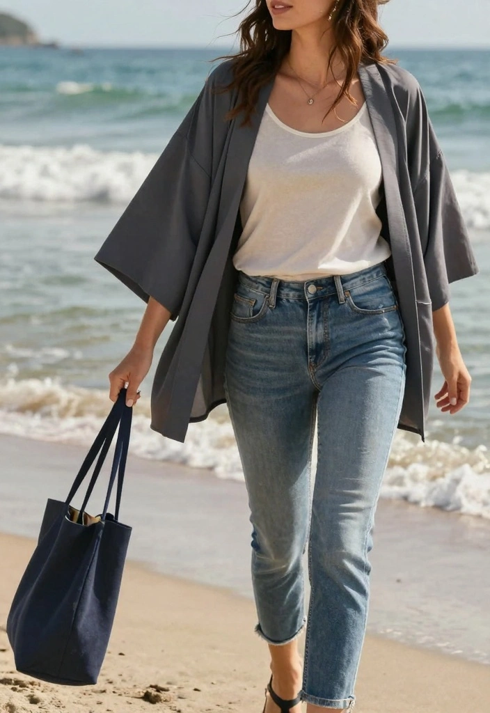 17 Blazer And Jeans Outfit Ideas For Women That Look Polished - 16. Kimono Blazer with Tapered Jeans 1