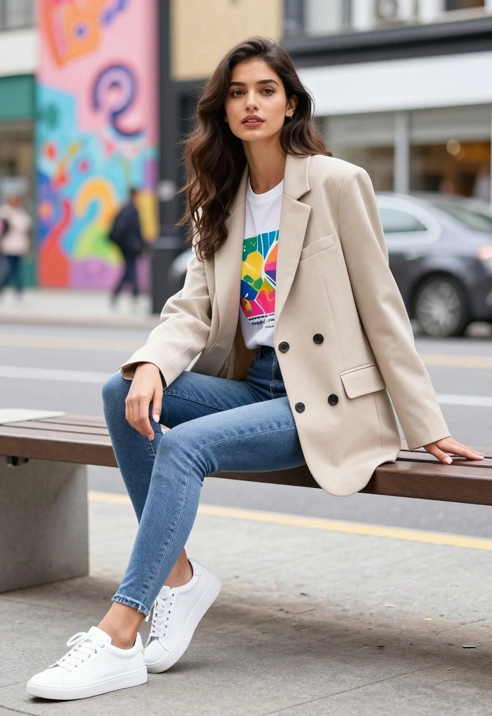 17 Blazer And Jeans Outfit Ideas For Women That Look Polished - 2. Oversized Blazer with a Graphic Tee 1