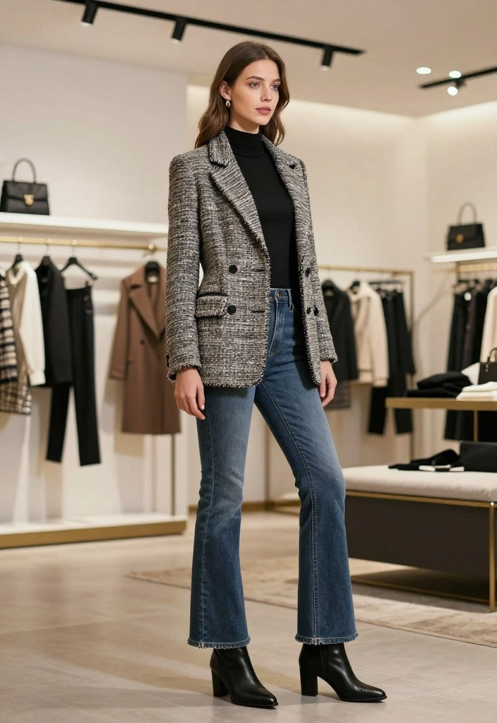 17 Blazer And Jeans Outfit Ideas For Women That Look Polished - 3. Textured Blazer with Flared Jeans 1