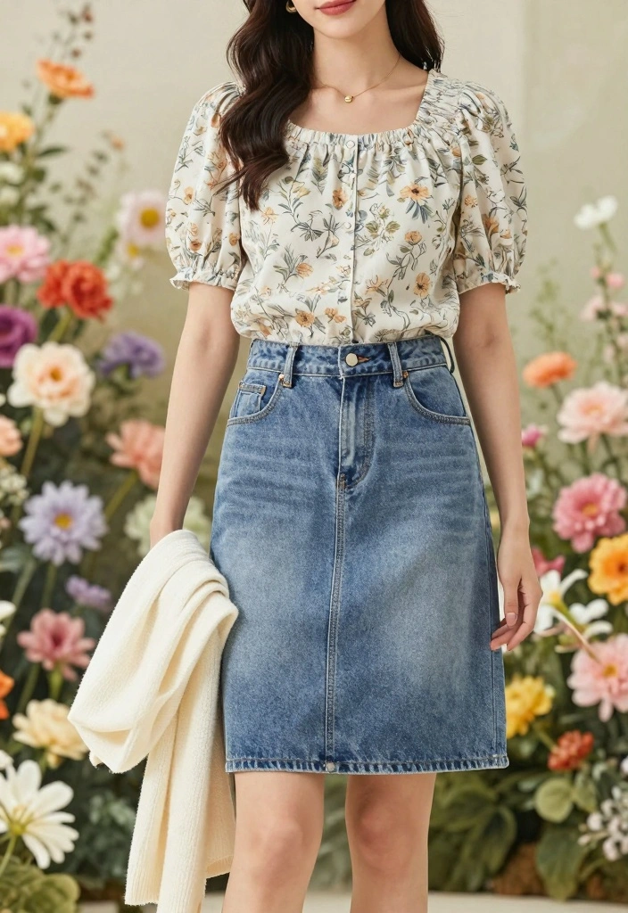 18 Jeans And Denim Outfit Ideas To Dress To Impress For Women - 4. Denim Skirt and Blouse Combo 1