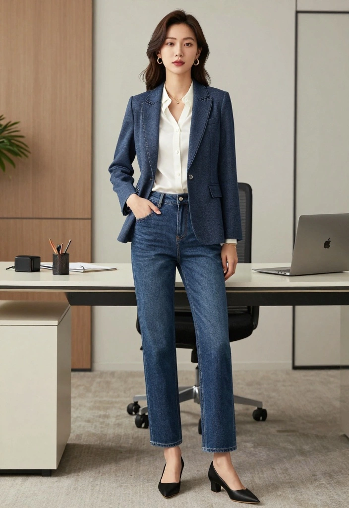 18 Jeans And Denim Outfit Ideas To Dress To Impress For Women - 8. Tailored Denim for Workwear 1