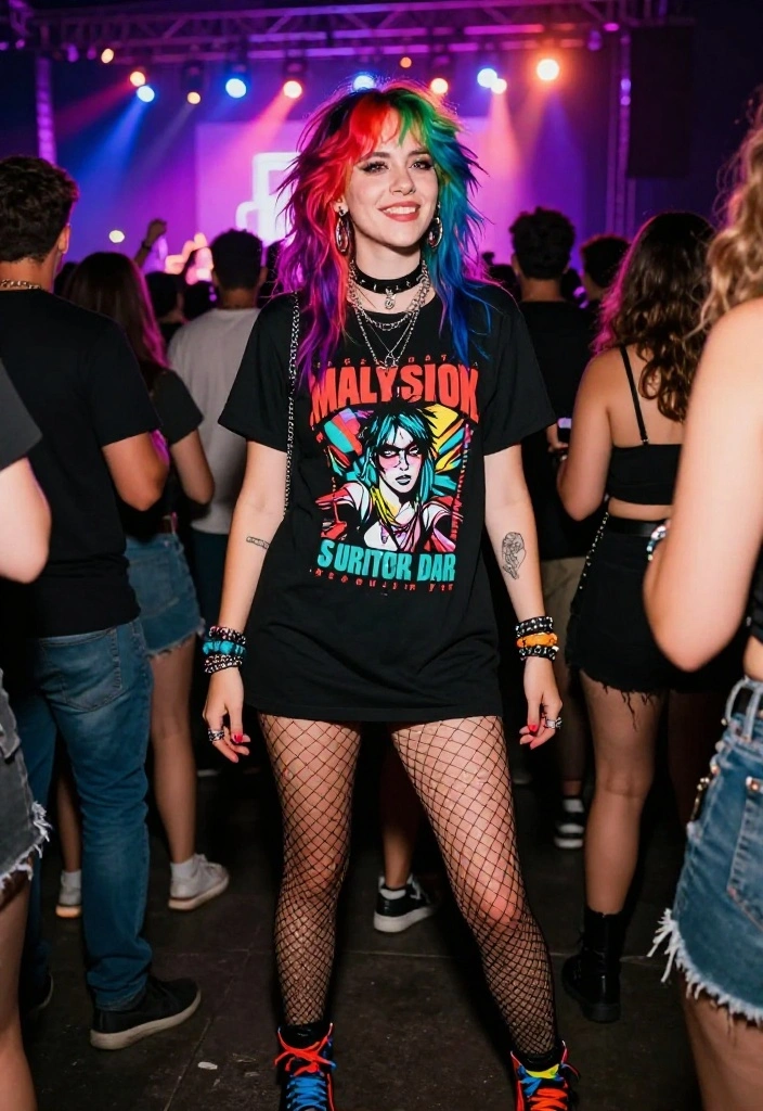 12 Avril Lavigne Concert Outfit Ideas That Channel 2000s Edge - 6. Colorful Hair and Graphic T-Shirt Dress 1