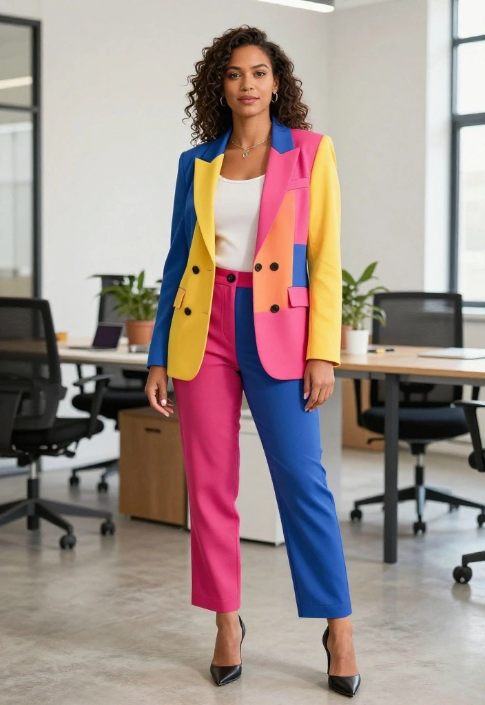 12 Elle Woods Outfits for Women That Work in Real Life - 10. Color Blocked Blazers and Trousers 1