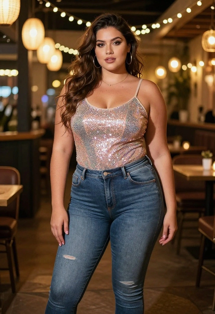 14 Babydoll Top Outfit Inspirations That Balance the Volume - 9. Night Out Glam with a Shimmering Top 1
