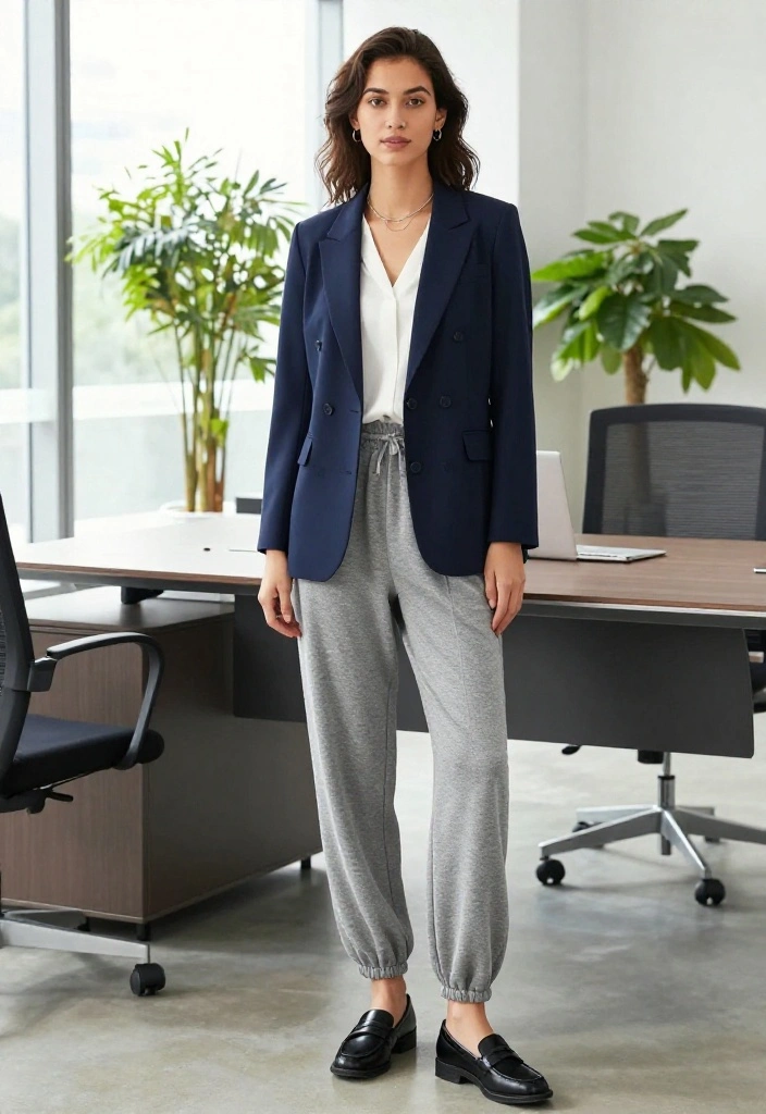 14 Baggy Sweatpants Outfit Ideas That Don't Look Too Casual - 1. Tailored Blazer and Baggy Sweatpants 1