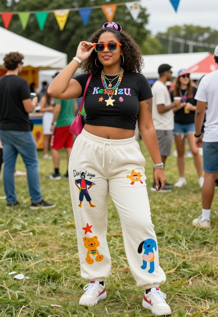 14 Baggy Sweatpants Outfit Ideas That Don't Look Too Casual - 13. Festival Vibes: Fun Prints and Accessories 1