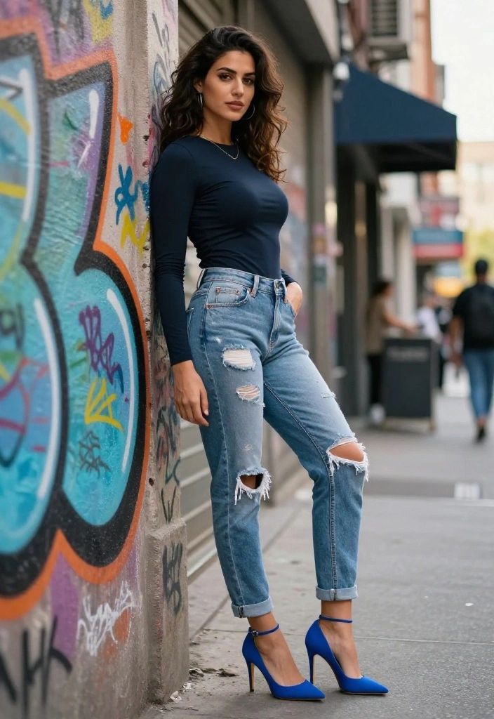 14 Blue Heels Outfit Ideas for Women Beyond Navy Suits - 10. Street Style with Distressed Jeans 1