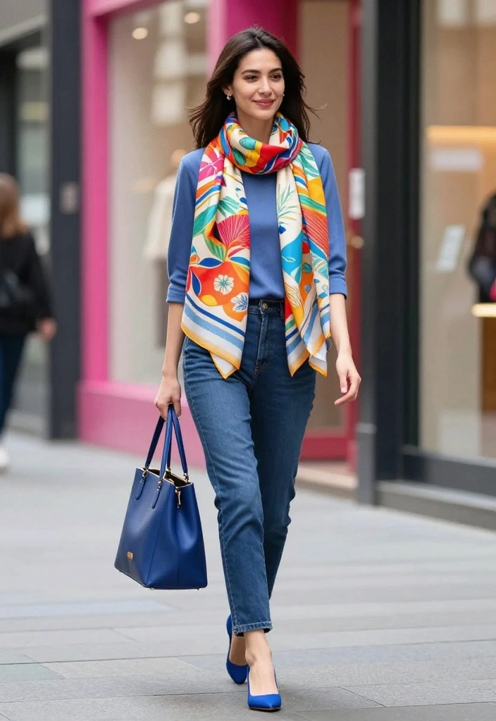 14 Blue Heels Outfit Ideas for Women Beyond Navy Suits - 13. Layering with Fun Printed Scarves 1