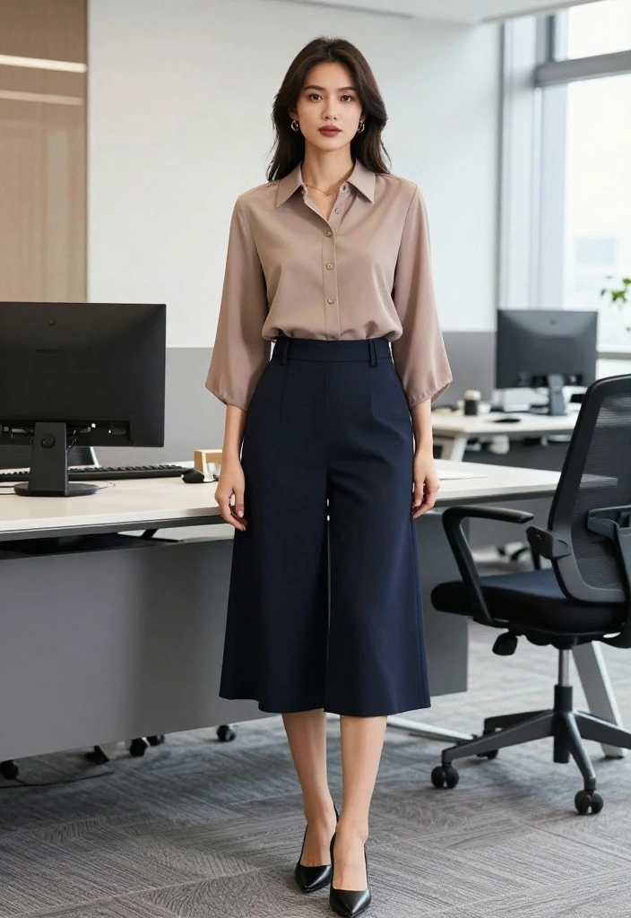 14 Flowy Tops Outfit Ideas for Women That Balance Volume Without Looking Shapeless - 10. Classic Button-Up Flowing Top with A-Line Trousers 1