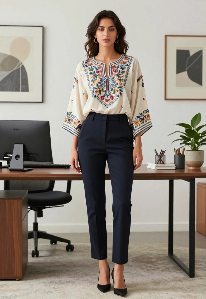 14 Flowy Tops Outfit Ideas for Women That Balance Volume Without Looking Shapeless - 12. Embroidered Flowy Top with Fitted Trousers 1