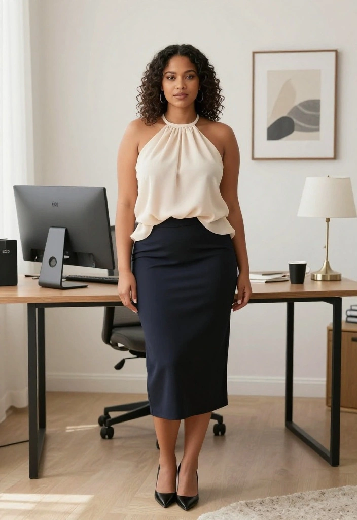 14 Flowy Tops Outfit Ideas for Women That Balance Volume Without Looking Shapeless - 5. Halter Neck Flowy Top with A-Line Skirt 1