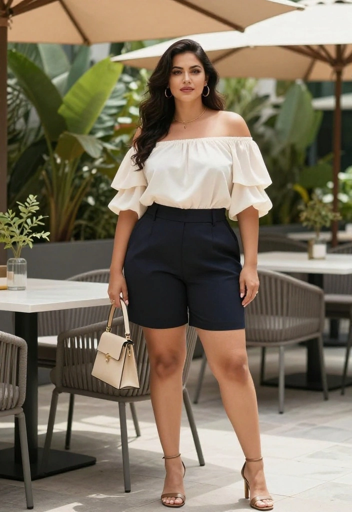 14 Flowy Tops Outfit Ideas for Women That Balance Volume Without Looking Shapeless - 6. Off-Shoulder Flowing Top with Tailored Shorts 1