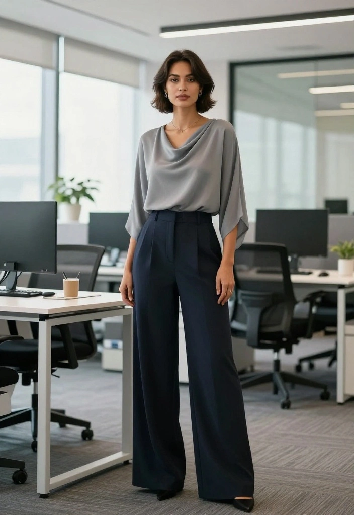 14 Flowy Tops Outfit Ideas for Women That Balance Volume Without Looking Shapeless - 7. Draped Flowing Top with Wide-Leg Pants 1