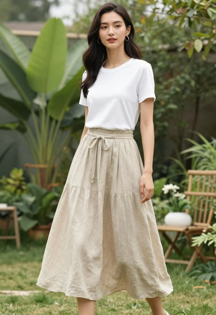 14 Linen Pants Outfit for Women That Transition Seamlessly - 10. Linen Skirt with Fitted Tee 1