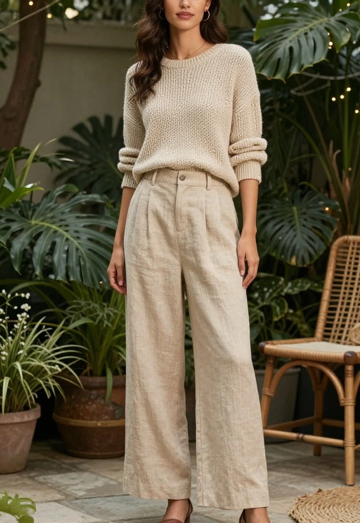 14 Linen Pants Outfit for Women That Transition Seamlessly - 12. High-Waisted Linen Trousers with Knit Sweater 1